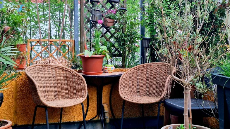 Gemütlicher Terrassenbereich mit Korbmöbeln und üppiger Bepflanzung für entspannte Stunden im Freien.