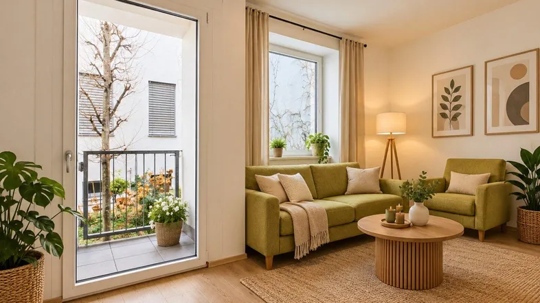 Gemütliches Wohnzimmer mit hellem Holzboden, beigem Jute-Teppich und Zugang zu einem kleinen Balkon.