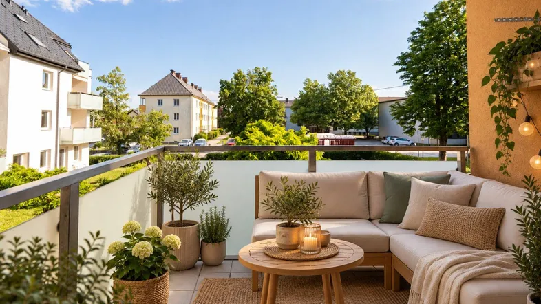 Gemütlicher Balkon mit bequemen Outdoor-Möbeln, Pflanzen und einem schönen Blick auf die Umgebung.