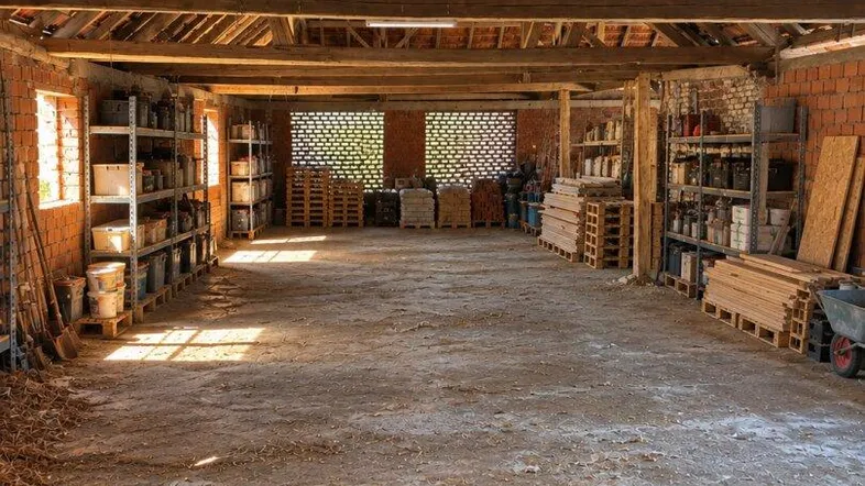 Großer, rustikaler Innenraum mit sichtbaren Holzbalken und Ziegelwänden, genutzt als Lagerfläche mit Regalen.