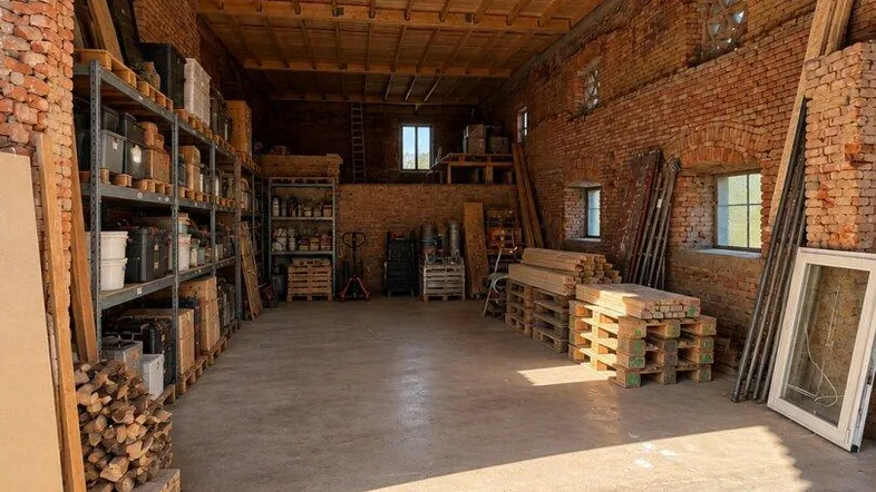 Großer, rustikaler Innenraum mit hohen Holzdecken, unverputzten Ziegelwänden und Betonboden, ideal als Lagerfläche.