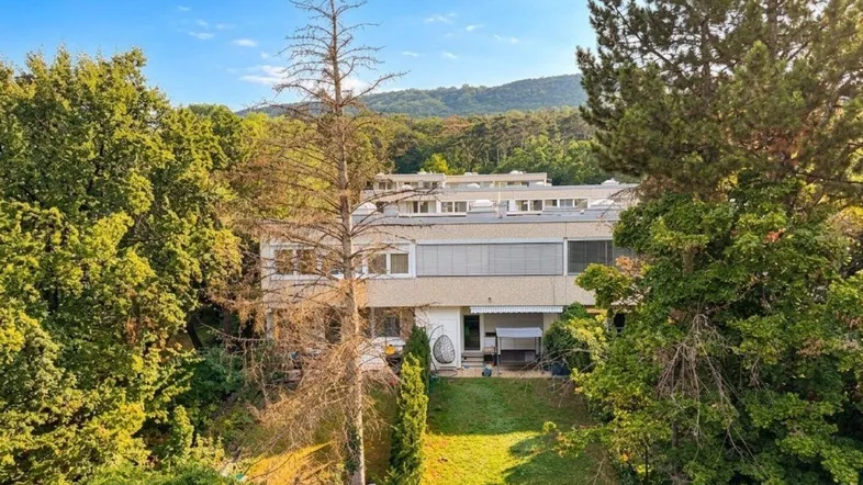 Gebäudeansicht von hinten mit Gartenbereich und umgebenden Bäumen, im Hintergrund Hügel.