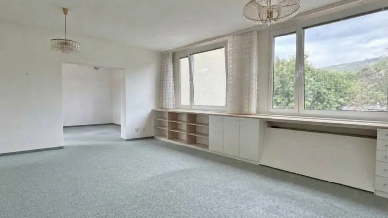 Helles, leeres Wohnzimmer mit Teppichboden, großen Fenstern und Blick ins Grüne.