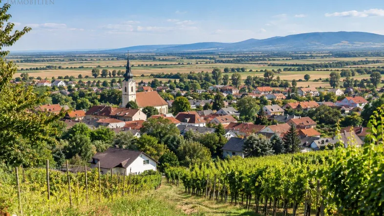 Panoramablick auf ein malerisches Dorf mit Kirche, umgeben von weitläufigen Weinbergen und Feldern unter blauem Himmel.