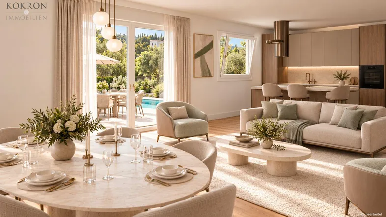 Heller, offener Wohn- und Essbereich mit moderner Küche und Zugang zur Terrasse mit Pool.