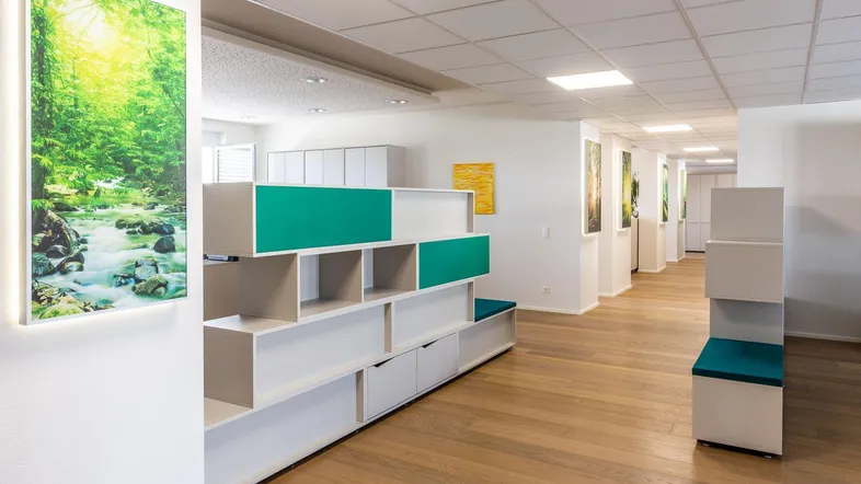 Heller Bürobereich mit modernen Regalsystemen, Holzboden und dekorativen Wandbildern, die eine natürliche Atmosphäre schaffen.