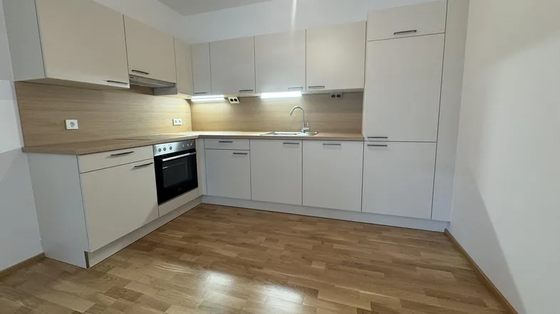 Moderne Einbauküche mit hellen Schränken, Holzarbeitsplatte und Parkettboden.