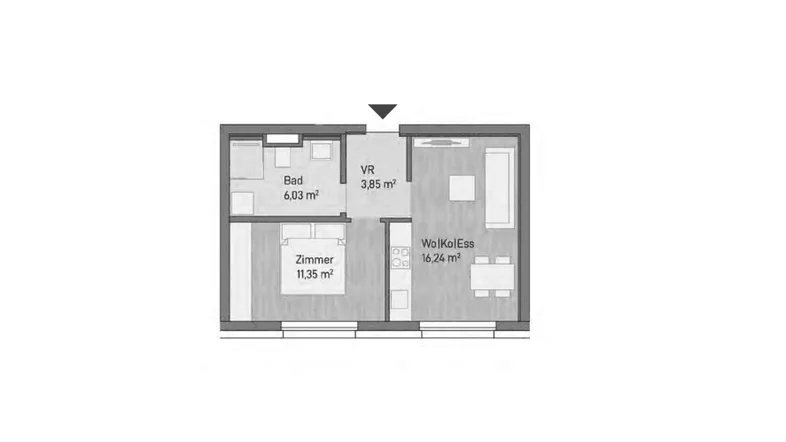 Grundriss einer kleinen Wohnung mit Schlafzimmer, Bad und offenem Wohn-, Koch- und Essbereich.