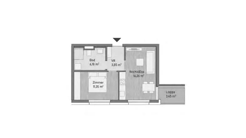 Grundriss einer Wohnung mit einem Schlafzimmer, offenem Wohnbereich und einer Loggia.