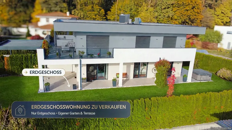 Moderne Wohnanlage mit Erdgeschosswohnung, eigenem Garten und Terrasse, umgeben von viel Grün.