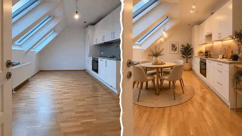 Moderne Küche mit Essbereich, Dachfenstern und Holzboden, vor und nach der virtuellen Einrichtung.