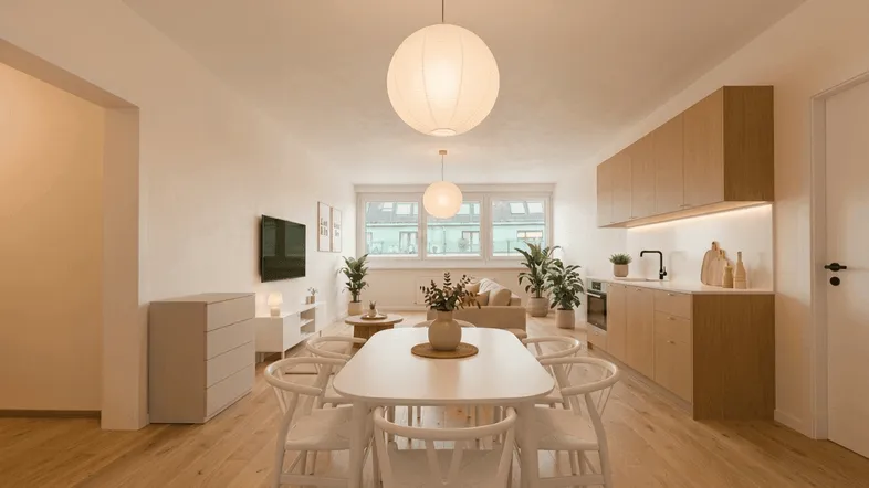 Helles, offenes Wohn- und Esszimmer mit integrierter Küche und Holzboden.