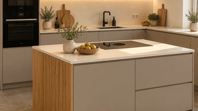 Moderne Küche mit Kücheninsel, integrierten Geräten und Holzakzenten, lichtdurchflutet.