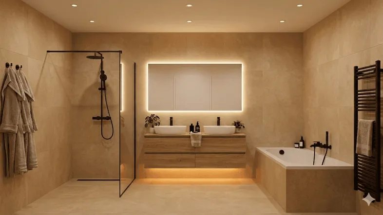 Modernes Badezimmer mit begehbarer Dusche, Badewanne, Doppelwaschbecken und beigefarbenen Fliesen.