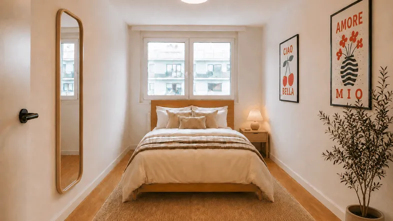 Helles Schlafzimmer mit Holzbett, Teppich und einem großen Fenster, das viel Tageslicht hereinlässt.