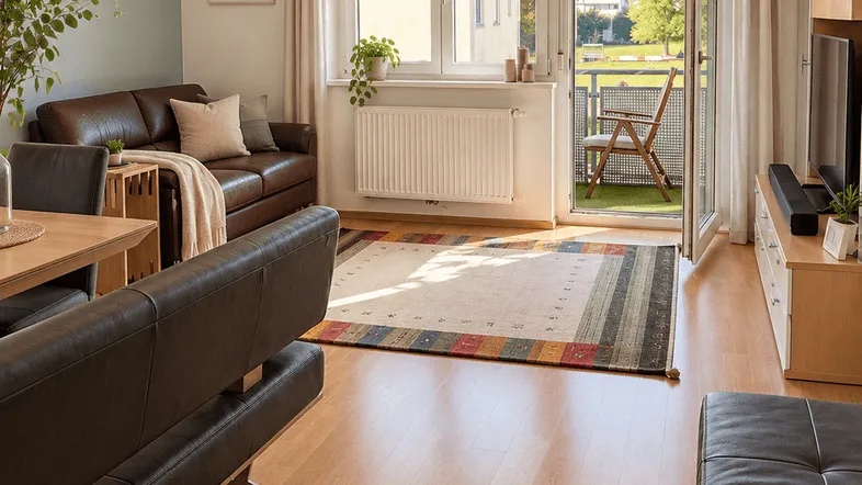 Helles Wohn- und Esszimmer mit Holzboden, Ledersofas und Zugang zu einem kleinen Balkon mit Grünblick.