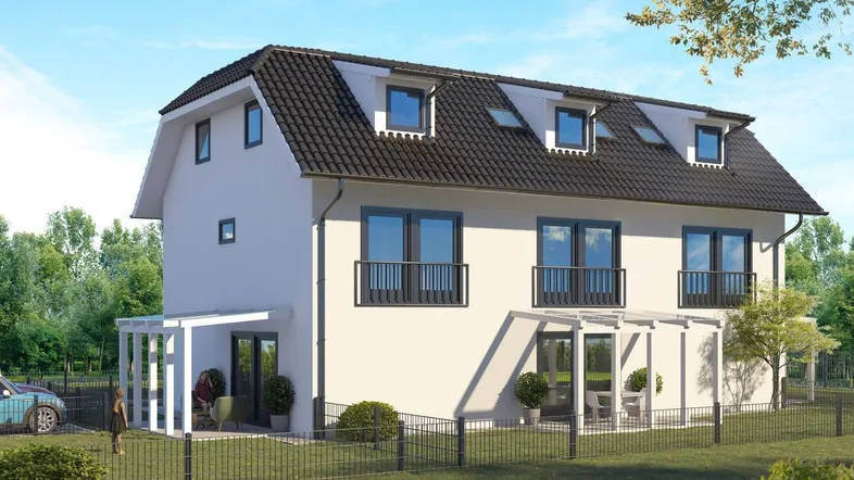 Moderne Doppelhaushälfte mit Satteldach, Gaubenfenstern und Terrassenbereich im Grünen.