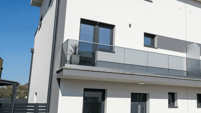 Moderne Fassade eines Neubaus mit Balkon, Glasgeländer und Klimaanlage.