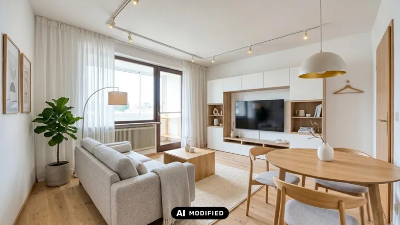 Helles Wohn- und Esszimmer mit Holzboden, modernem Mobiliar und Zugang zum Balkon.