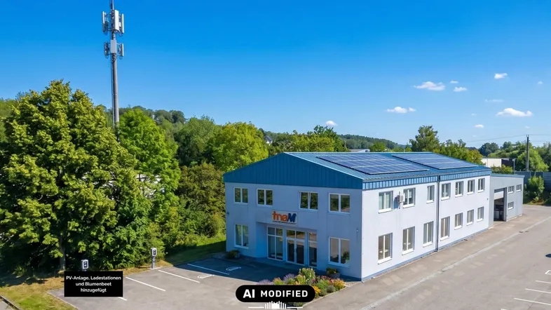 Luftaufnahme eines modernen Geschäftsgebäudes mit Solaranlage auf dem Dach und großem Parkplatz.