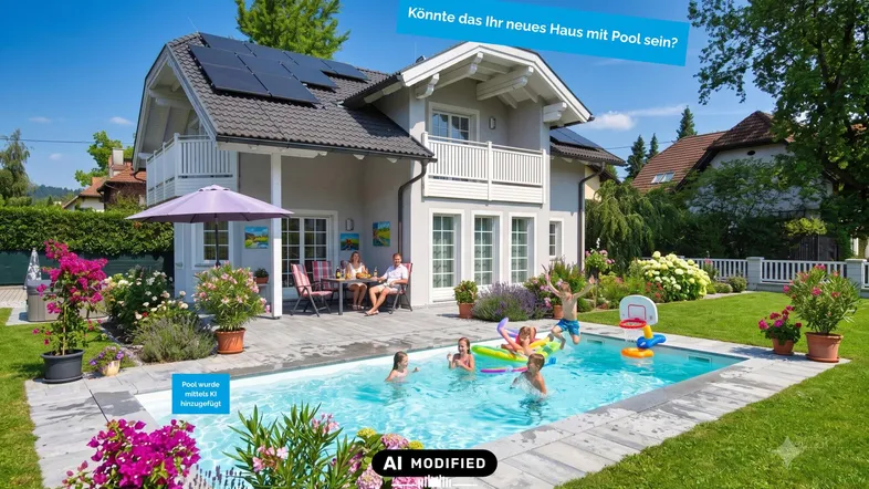 Modernes Einfamilienhaus mit großem Garten, Pool und Sonnenterrasse, ideal für Familien.