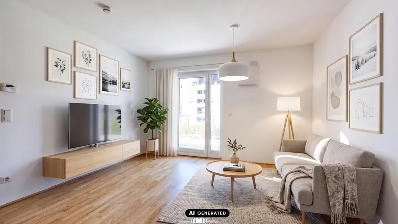 Lichtdurchflutetes Wohnzimmer mit Holzboden, Sofa und Zugang zu einem Balkon.