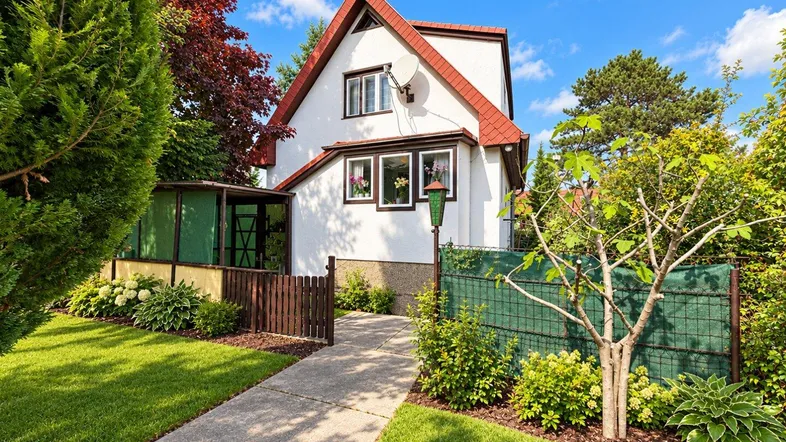 Weißes Einfamilienhaus mit rotem Dach, umgeben von einem gepflegten Garten und Bäumen.