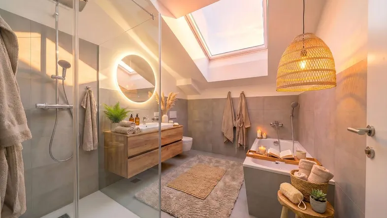 Modernes Badezimmer mit Dachfenstern, begehbarer Dusche und Badewanne, hell beleuchtet.