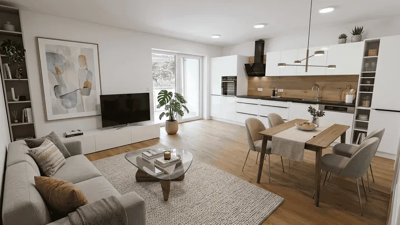 Modernes, offenes Wohn-Esszimmer mit integrierter Küche, Holzboden und Zugang zum Balkon.