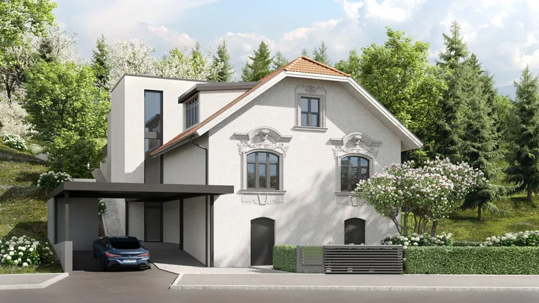 Architektonische Visualisierung eines modernen Hauses mit traditionellen Elementen und Carport.
