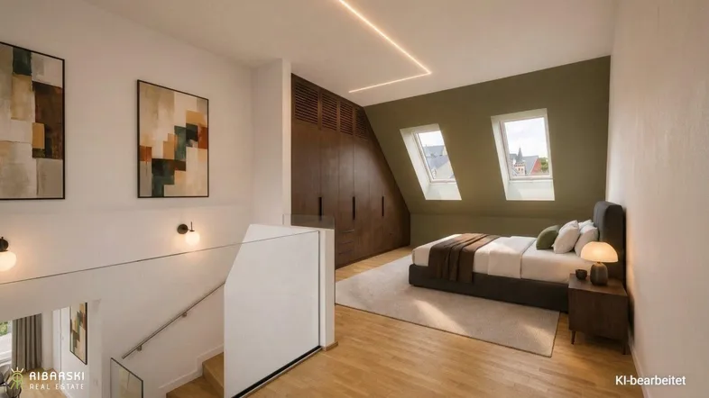 Modernes Schlafzimmer im Dachgeschoss mit Einbauschränken, Holzboden und Dachfenstern, hell und stilvoll eingerichtet.