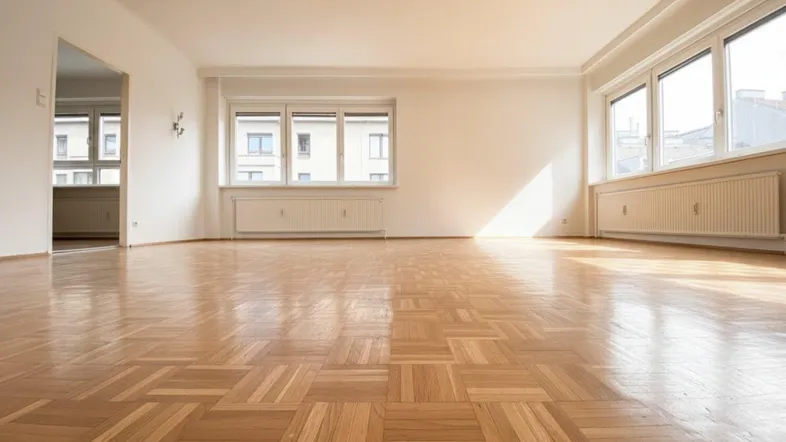Helles Wohnzimmer mit Fischgrätparkettboden und großen Fenstern, die viel Tageslicht hereinlassen.