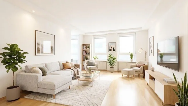 Helles und modern eingerichtetes Wohnzimmer mit beigem Sofa, Holzboden und großen Fenstern.