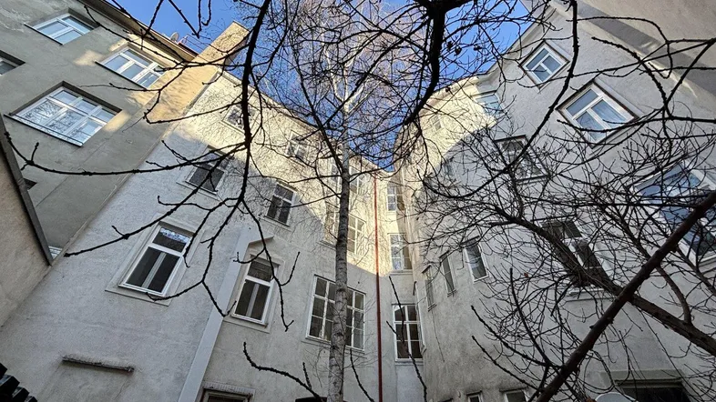 Blick in einen hellen Innenhof mit hohen Gebäudefassaden und einem kahlen Baum unter blauem Himmel.