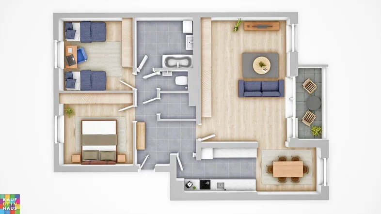Moderner 3D-Grundriss einer Wohnung mit drei Schlafzimmern, offenem Wohnbereich und Balkon.