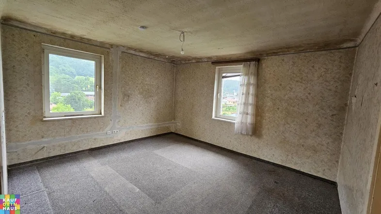 Leerer Raum mit Teppichboden und zwei Fenstern, die einen Blick ins Grüne bieten.