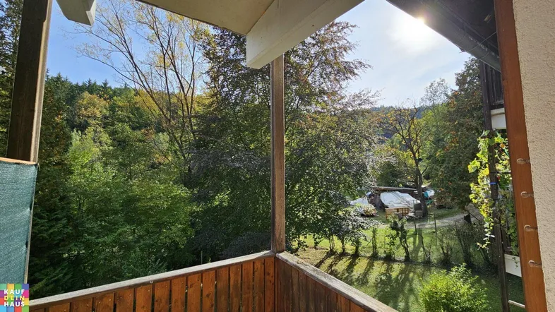 Heller Balkon mit Holzboden und weitem Blick ins Grüne und auf die umliegende Natur.