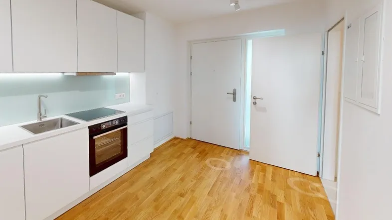Moderne, helle Küchenzeile mit Holzboden und integrierten Geräten in einem offenen Bereich.