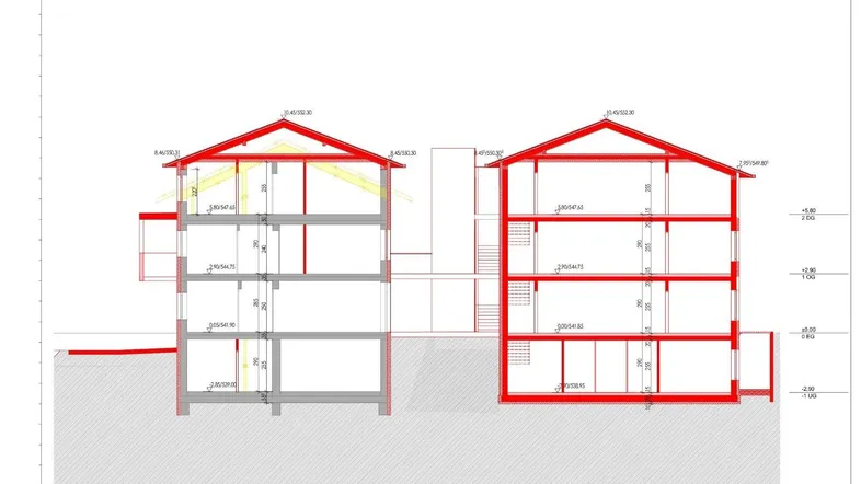 Architektonische Schnittansicht zweier Gebäude mit Dachschrägen und mehreren Stockwerken.