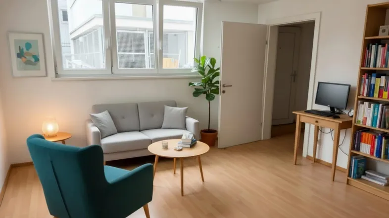 Helles Wohnzimmer mit bequemen Sitzmöbeln, Holzfußboden und Blick nach draußen.