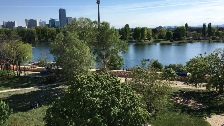 Panoramablick auf den See, die Stadt und den Donauturm unter blauem Himmel.