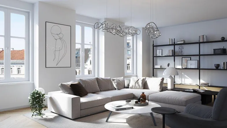 Helles, modernes Wohnzimmer mit großem Sofa, Holzboden und Blick durch hohe Fenster.