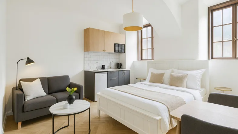 Helles Studio-Apartment mit integrierter Küchenzeile, Holzboden und großen Fenstern.