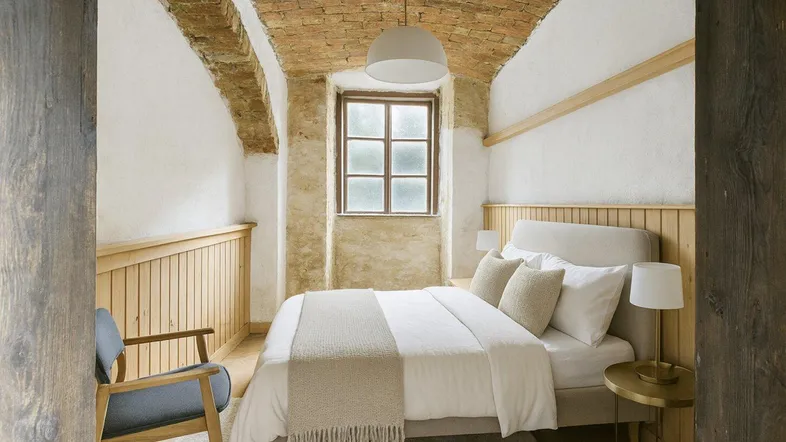 Gemütliches Schlafzimmer mit freigelegter Ziegelsteindecke, Holzakzenten und einem Fenster.