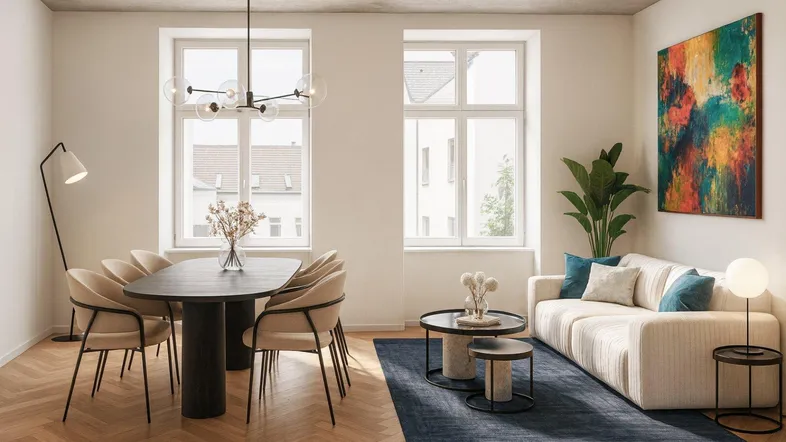 Helles Wohn- und Esszimmer mit Fischgrätparkett, modernen Möbeln und farbenfrohem Kunstwerk.