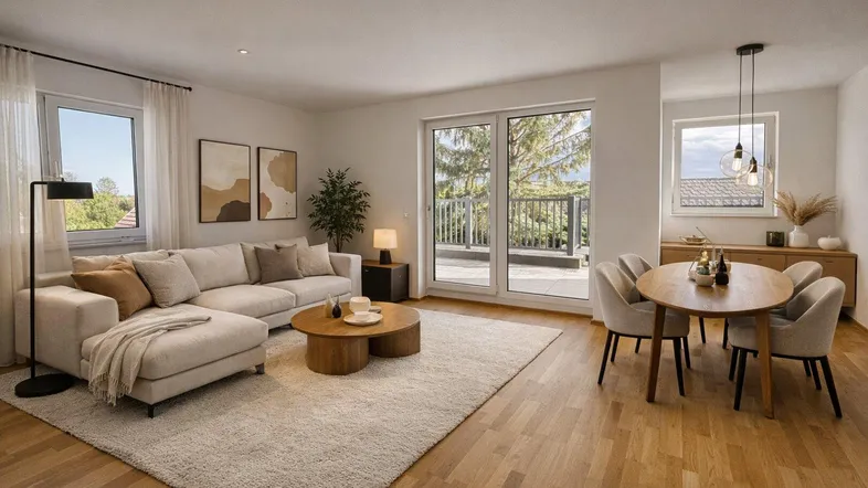 Helles Wohn- und Esszimmer mit Holzboden, beigem Sofa und Zugang zur Terrasse.