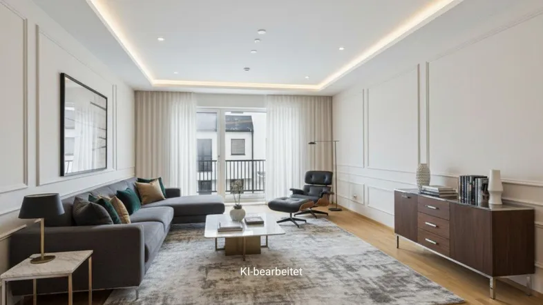 Modernes Wohnzimmer mit stilvollen Möbeln, Holzboden und Zugang zum Balkon.
