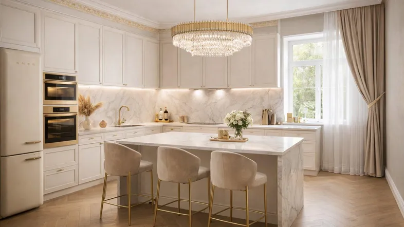 Elegante Küche mit Marmorarbeitsplatten, Kücheninsel und einem opulenten Kronleuchter, ausgestattet mit modernen Geräten.