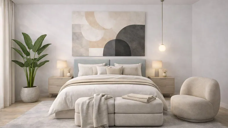 Modernes Schlafzimmer mit großem Bett, Nachttischen und stilvoller Dekoration in hellen Farbtönen.