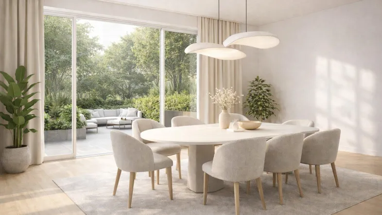 Heller Essbereich mit modernem Esstisch, bequemen Stühlen und Zugang zur Terrasse mit Grünblick.